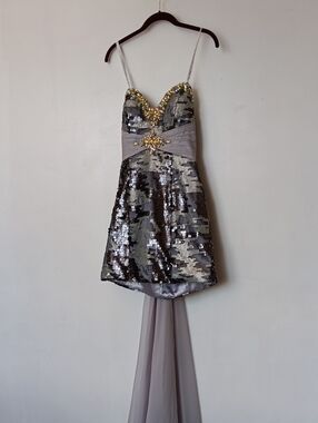Gray Sequined High-Low Cocktail Dress with Rhinestone Accents in Gold